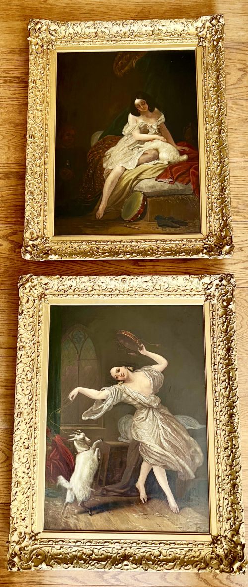 Pair of Oil on Canvas Paintings of Esmerelda & Djali from "The Hunch Back of Notre-dame"