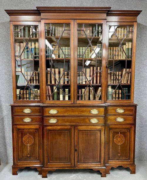 Edwardian Mahogany & Inlaid Breakfront Bookcase