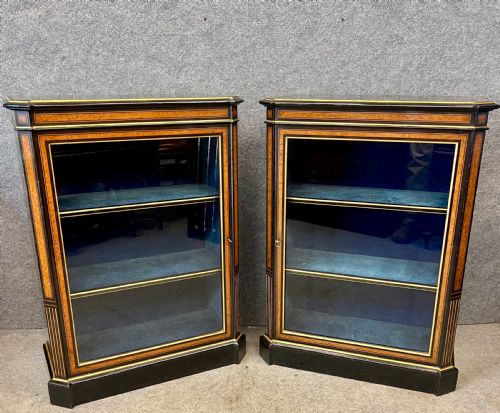 Antique True Pair of Amboyna and Ebonised Side Cabinets