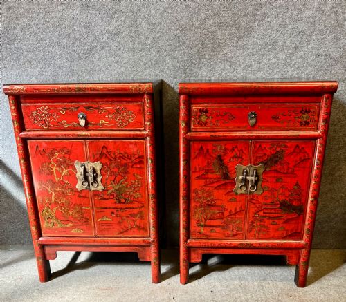 Pair Chinese Red & Black Lacquer Bedside Cabinets