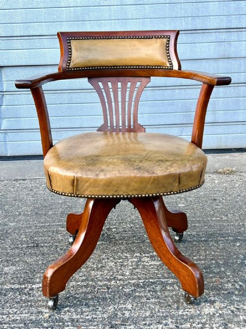 Antique Revolving Mahogany & Leather Desk Chair