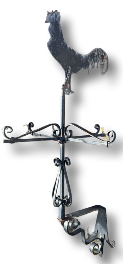 Large Wrought Iron & Brass Cockerel Weathervane