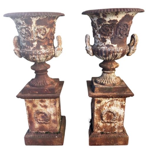 Very Large Pair of 19th Century Cast Iron Garden Urns
