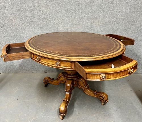 UNUSUAL OVAL VICTORIAN OAK LIBRARY DRUM TABLE - ADDITIONAL PHOTO 2