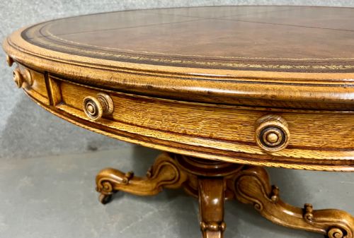 UNUSUAL OVAL VICTORIAN OAK LIBRARY DRUM TABLE - ADDITIONAL PHOTO 4
