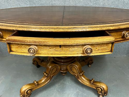 UNUSUAL OVAL VICTORIAN OAK LIBRARY DRUM TABLE - ADDITIONAL PHOTO 8