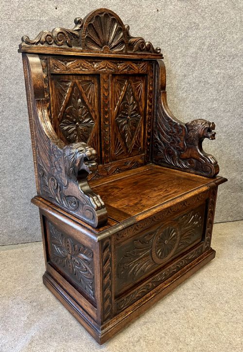 Small Victorian Carved Oak Monks Bench Hall Seat
