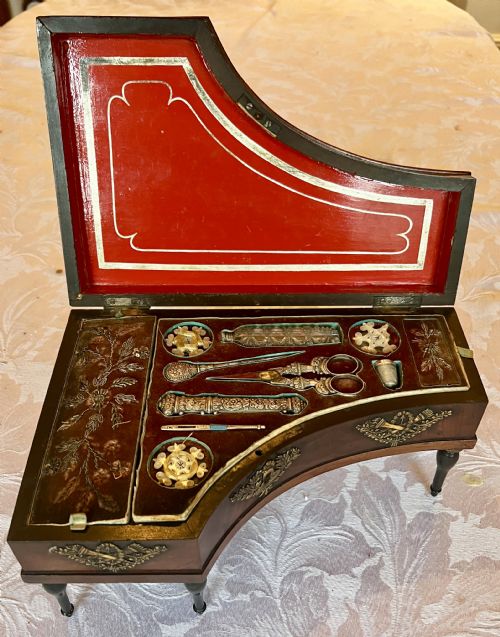 Complete 19th Century French Palais Royal Mahogany Sewing Box.
