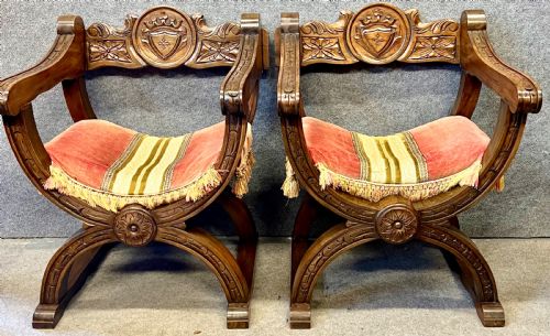 Small Pair of Heraldic Carved Chairs