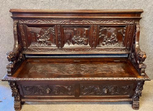 Superb Carved Oak Hall Seat Bench