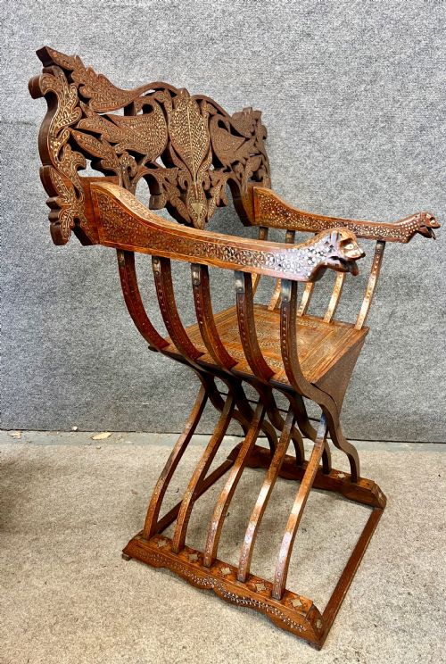 INDIAN HOSHIARPUR BRASS INLAID SAVRONOLA STYLE ARMCHAIR - ADDITIONAL PHOTO 7