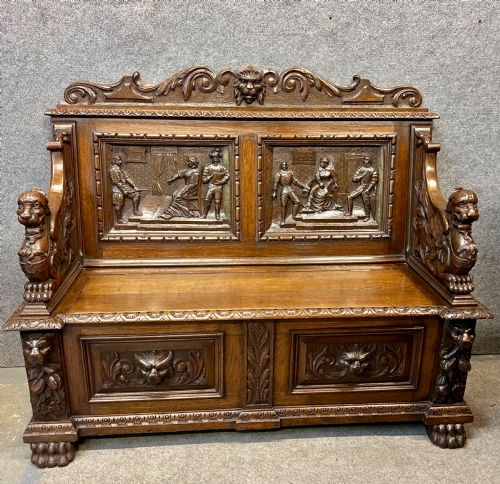 Superb Antique Carved Oak Elizabethan Style Monks Hall Bench
