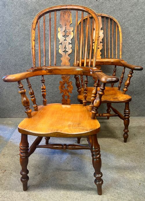 Pair of 19th C. Yew Wood Broad Arm Windsor Chairs