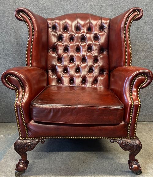 Large Georgian Style Leather & Mahogany Winged Armchair