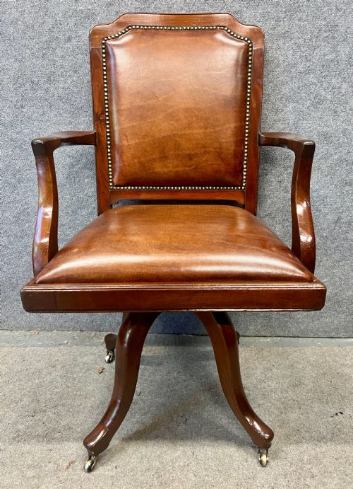 Antique Mahogany and Leather Upholstered Swivel Desk Chair