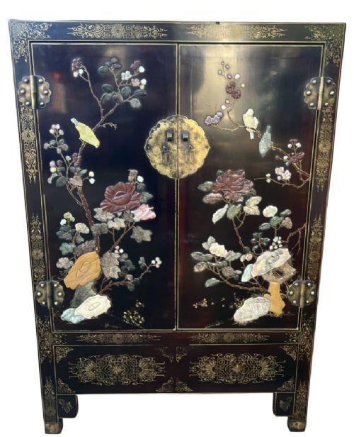 Chinese Black Lacquer & Soap Stone Cocktail Cabinet