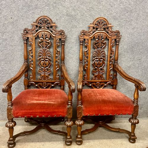Large Pair of Carolean Style Oak Throne Chairs