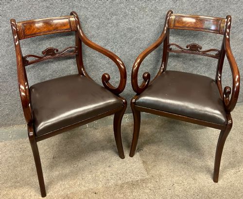 Pair of Regency Brass Inlaid Mahogany Elbow Chairs