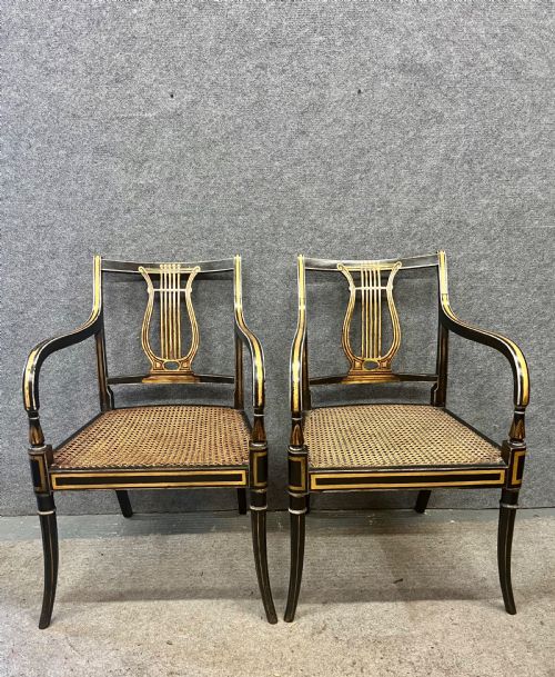Pair of Painted and Gilded Regency Elbow Chairs