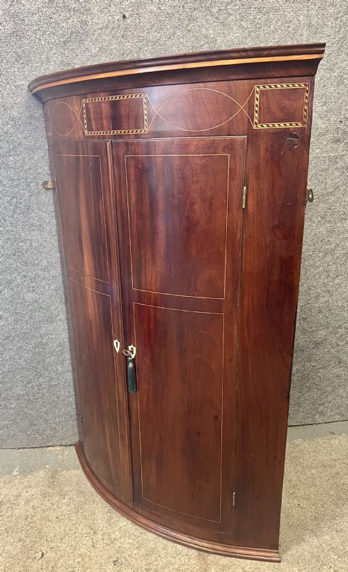 GEORGE III MAHOGANY AND INLAID HANGING CORNER CABINET CUPBOARD - ADDITIONAL PHOTO 4