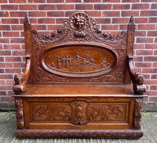 Superb Carved Oak Hall Seat Settle Monks Bench