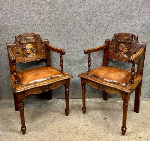 Pair of Carved & Leather Seated Chairs
