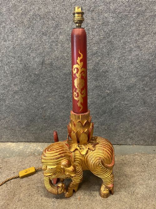 Chinese Lacquer & Gilded Carved Elephant Lamp
