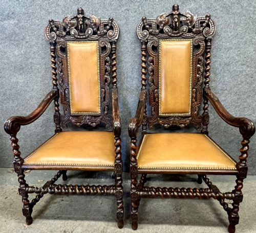 Superb Pair of 19th.c Carolean Style Walnut Armchairs