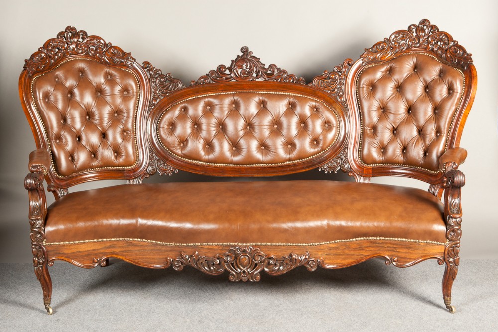 Victorian Rosewood Leather Settee