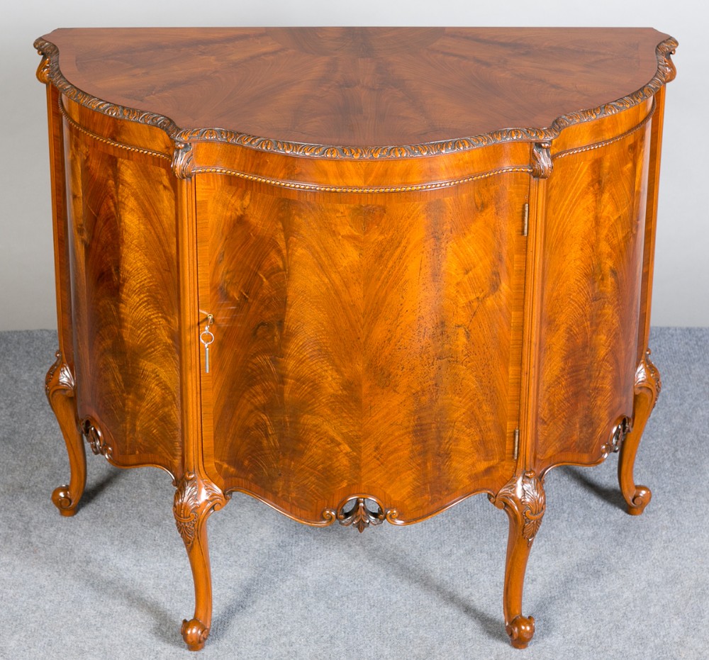 Figured Walnut Demi Lune Side Cabinet. 