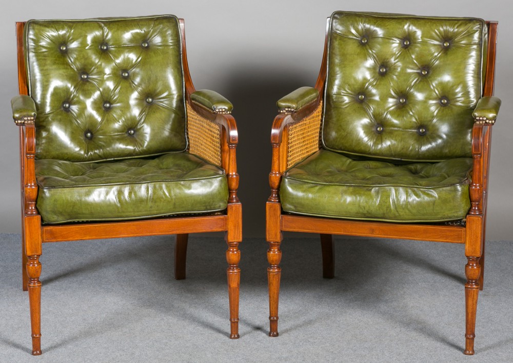 Pair of Edwardian Bergere and Leather Armchairs.