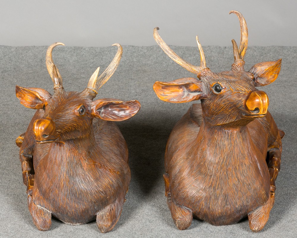 Large Pair of Carved Wood Deer