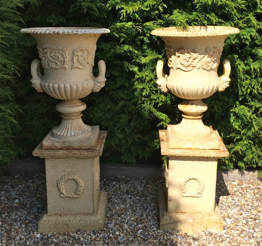 Large Pair Antique Cast Iron Garden Urns