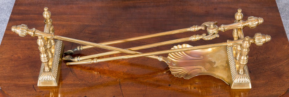 Edwardian Brass Fire Dogs And Tools