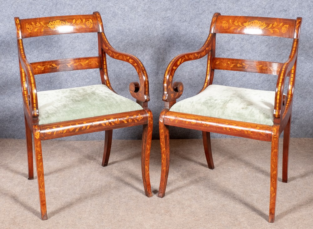 Pair of Dutch Marquetry Elbow Chairs