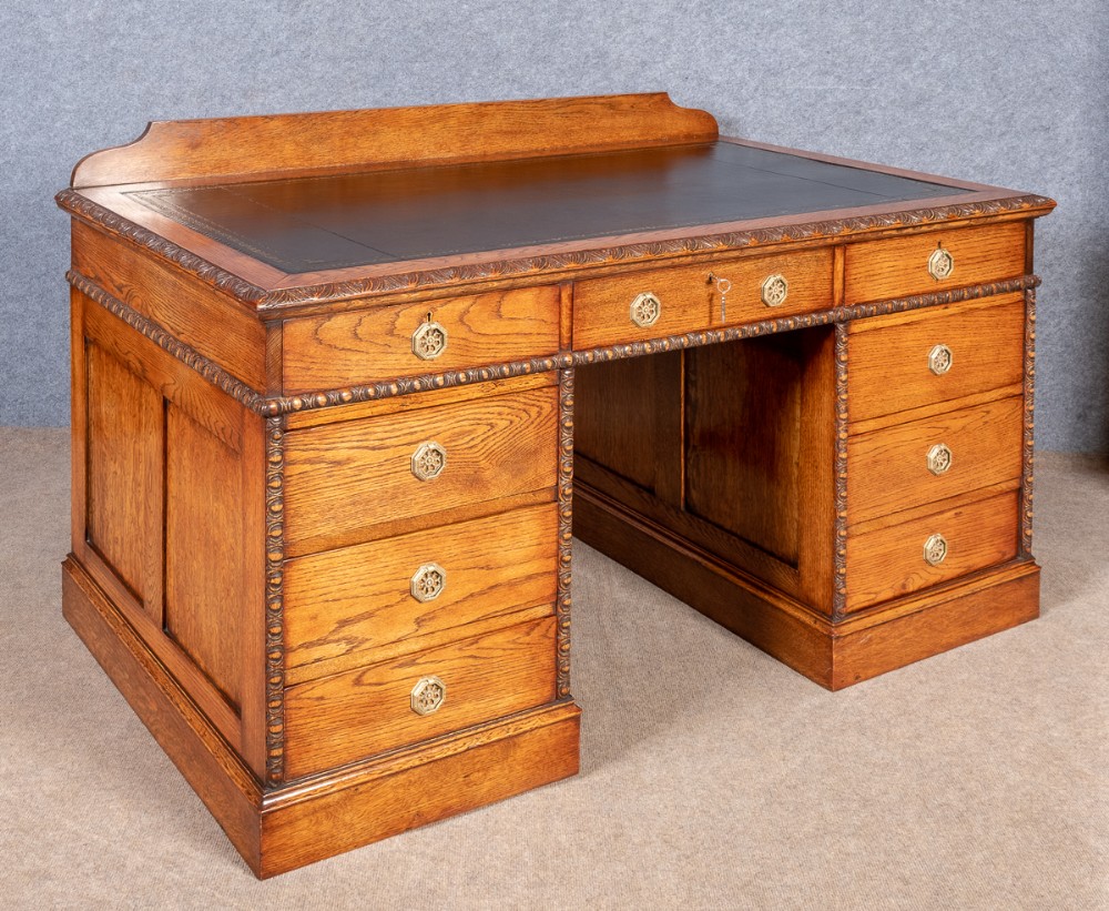 Large Edwardian Oak Pedestal Desk