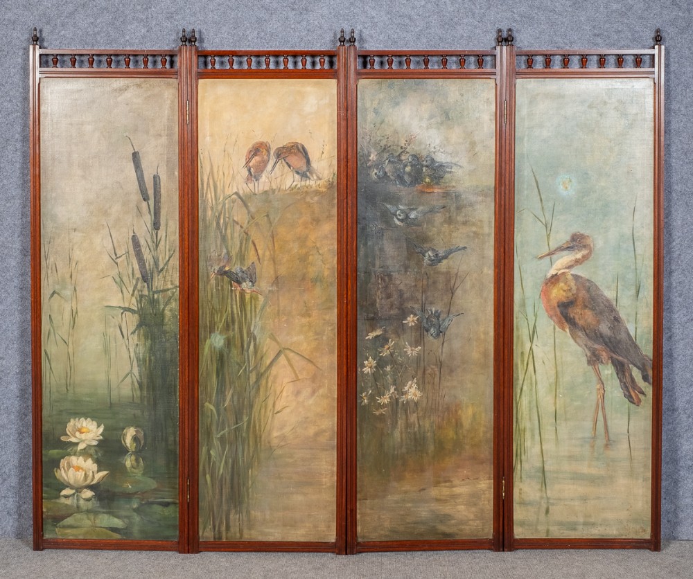 Edwardian Screen with Norfolk Broads Scenes in Oils on Canvas