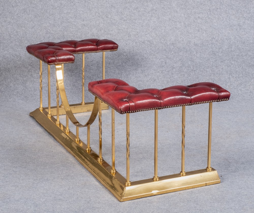 Large Brass & Leather Upholstered Club Fender
