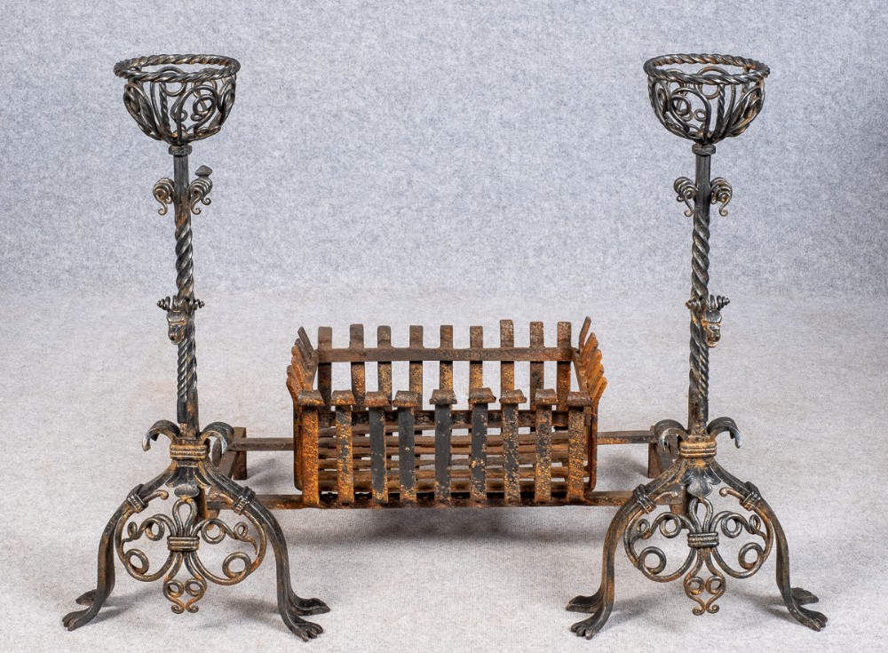 Large Fire Grate With Dragon Andirons