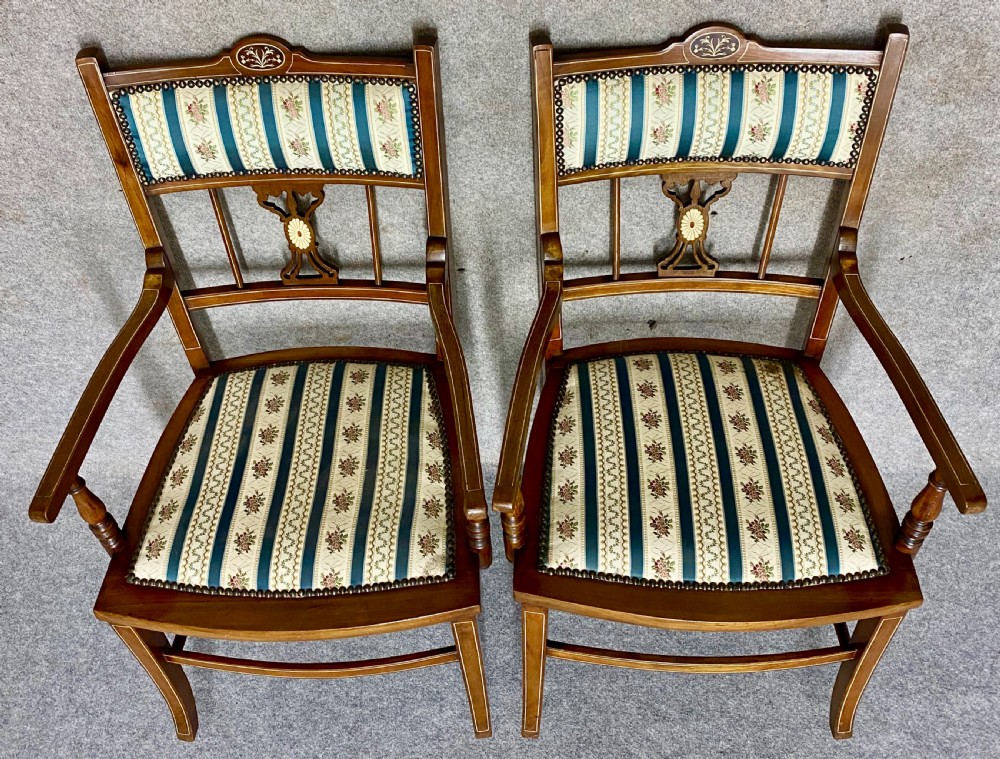 Pair Edwardian Inlaid Armchairs View II
