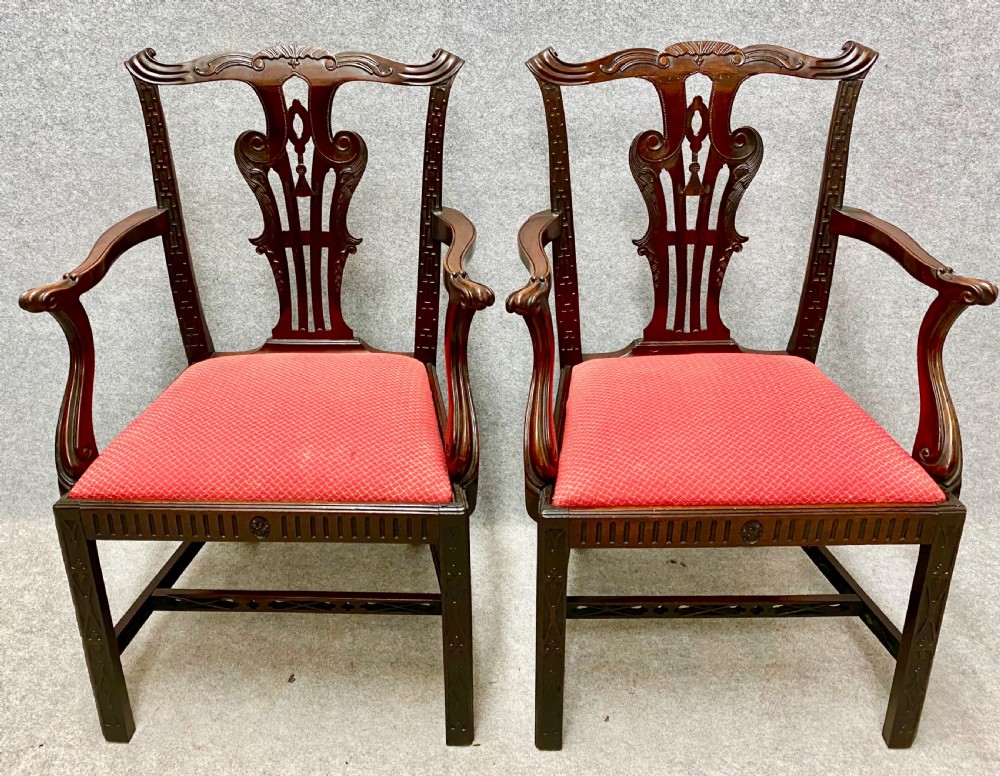 Pair Of Antique Chippendale Style Mahogany Armchairs
