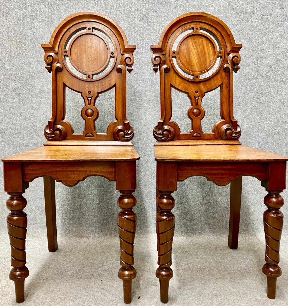 Pair Victorian Period Mahogany Hall Chairs View II
