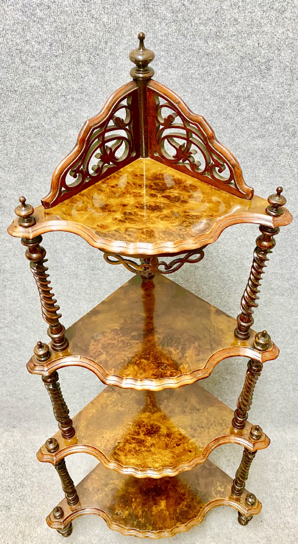 Victorian burr walnut corner whatnot