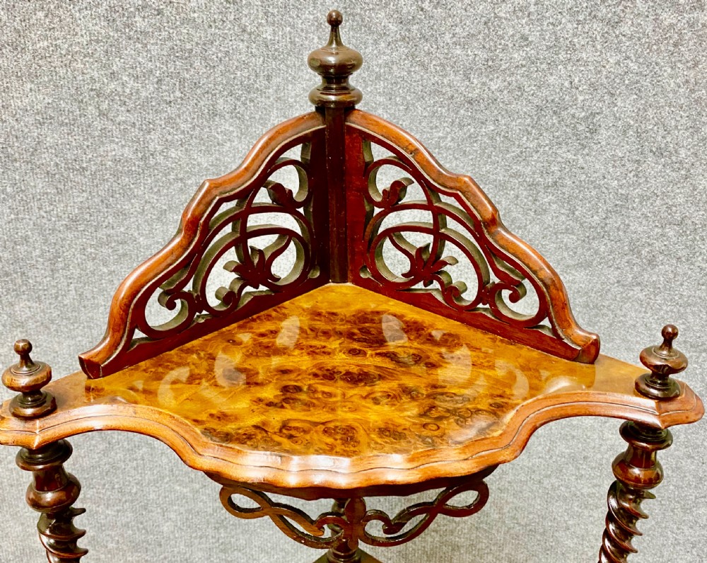 Victorian burr walnut corner whatnot View III