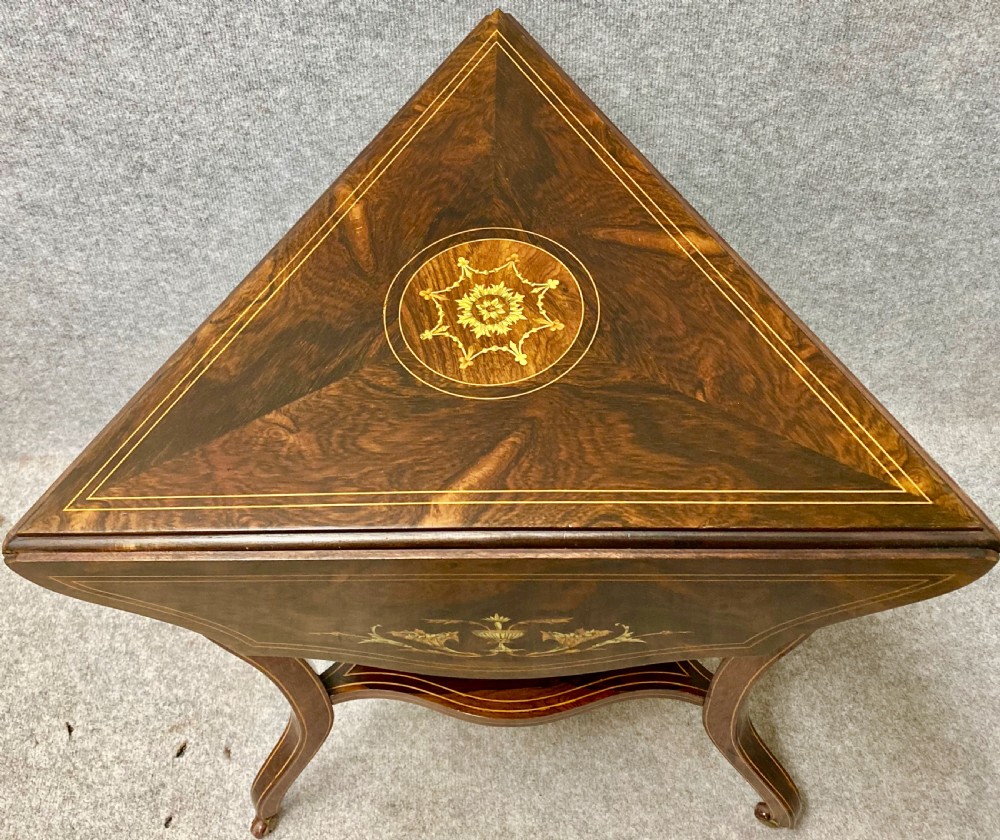 Rosewood and Inlaid Drop Leaf Occasional Table View III