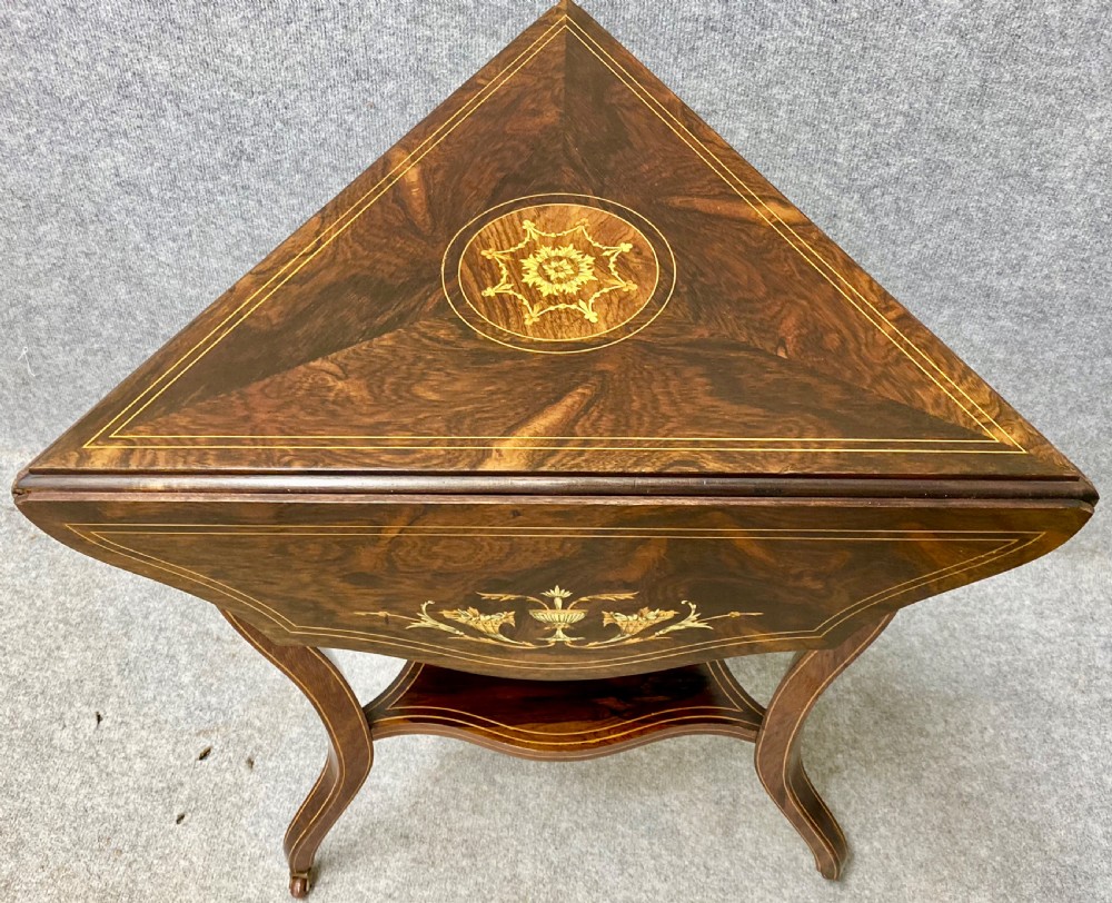 Rosewood and Inlaid Drop Leaf Occasional Table View V