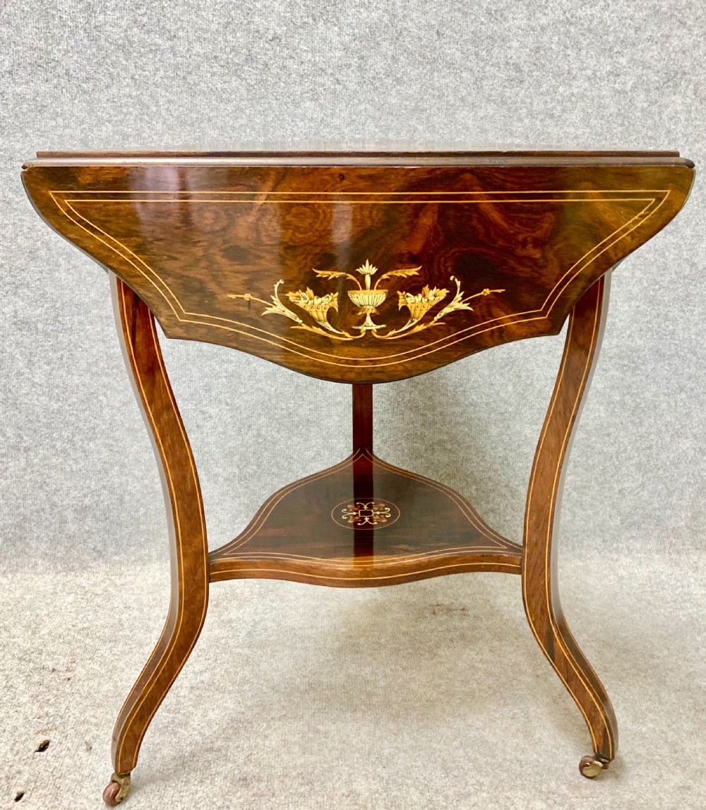 Rosewood and Inlaid Drop Leaf Occasional Table View VIII