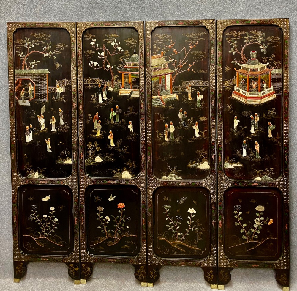 Antique Chinese Hard Stone & Lacquer Screen