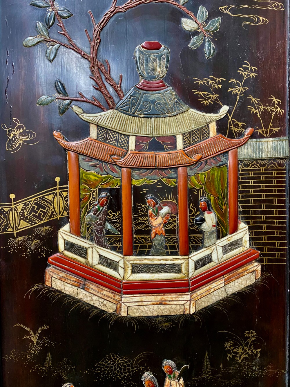 Antique Chinese Hard Stone & Lacquer Screen View IX