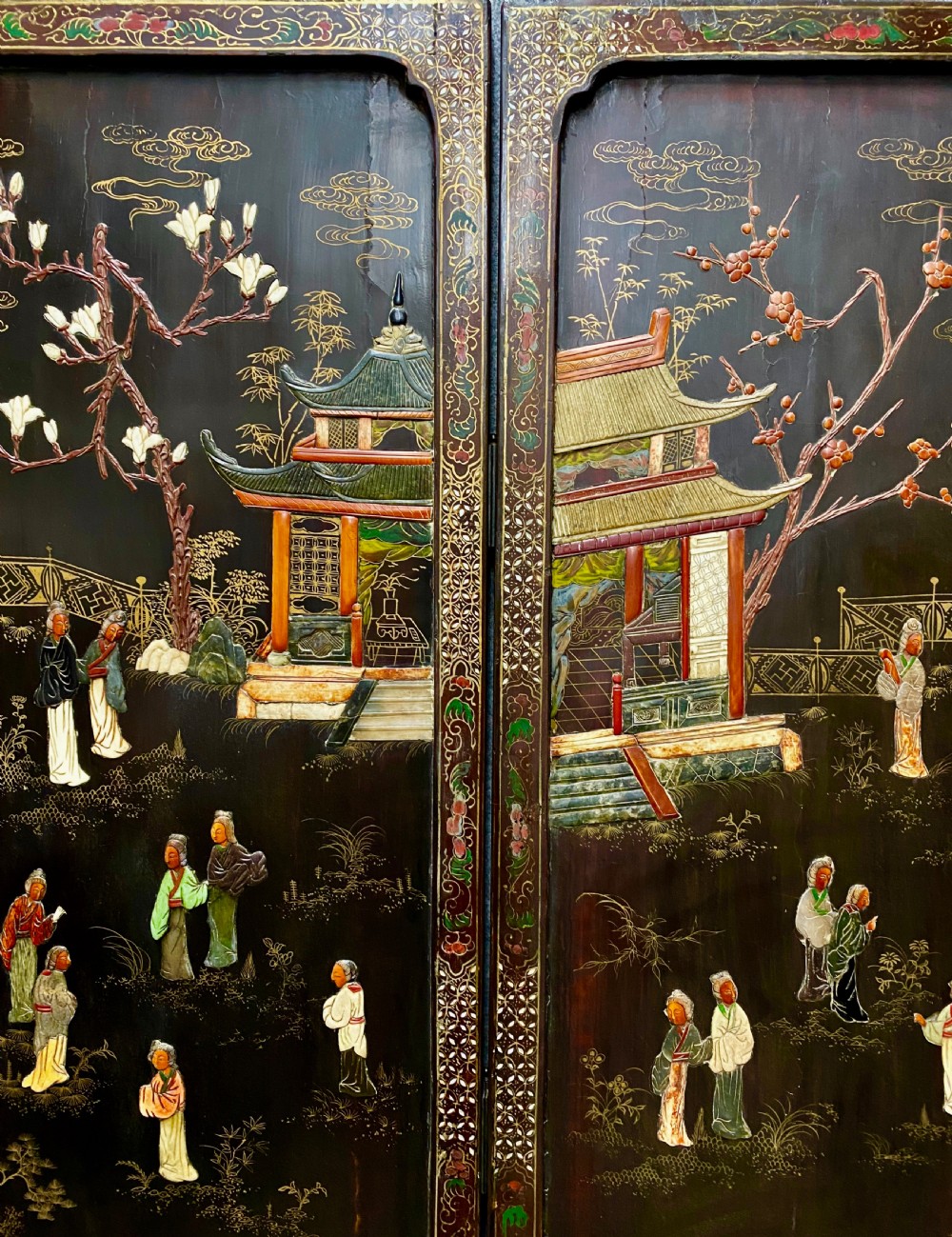 Antique Chinese Hard Stone & Lacquer Screen View X